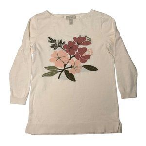 Loft Sweater Preppy Casual Soft Lightweight Floral Embroidered Cotton Small
